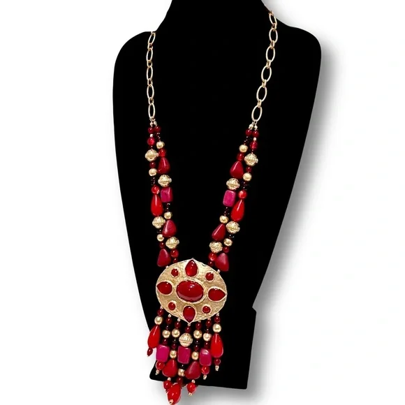 CHICO’s 35th Anniversary Merlot Red & Gold Statement Necklace | NWT | MSRP $119 - Picture 5 of 10